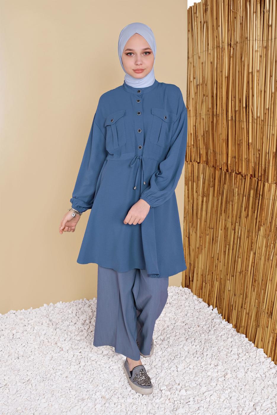 Hijab clothing NAVY BLUE TIE DETAIL TUNIC WITH POCKET 9181 