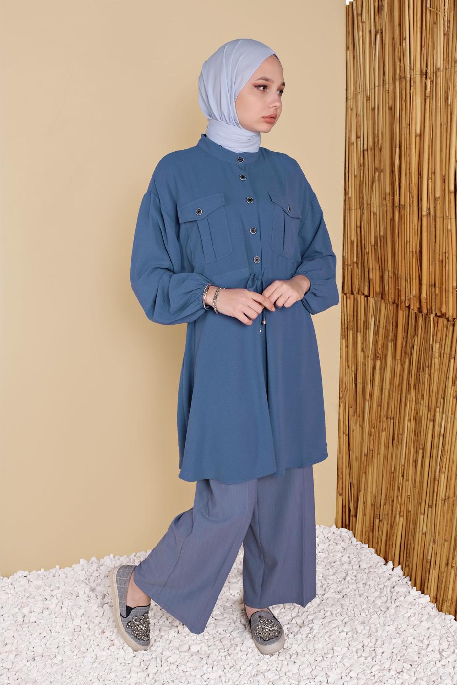 Hijab clothing NAVY BLUE TIE DETAIL TUNIC WITH POCKET 9181 