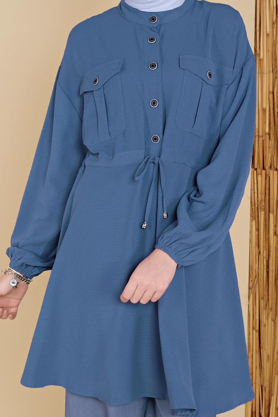 Hijab clothing NAVY BLUE TIE DETAIL TUNIC WITH POCKET 9181 