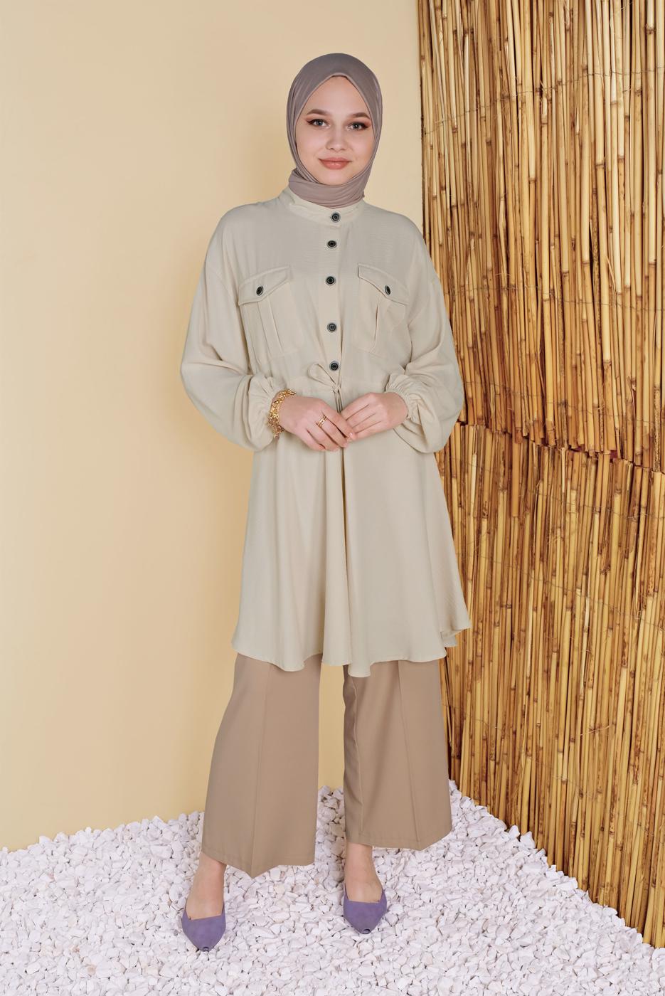 Hijab clothing BEIGE TIE DETAIL TUNIC WITH POCKET 9181 
