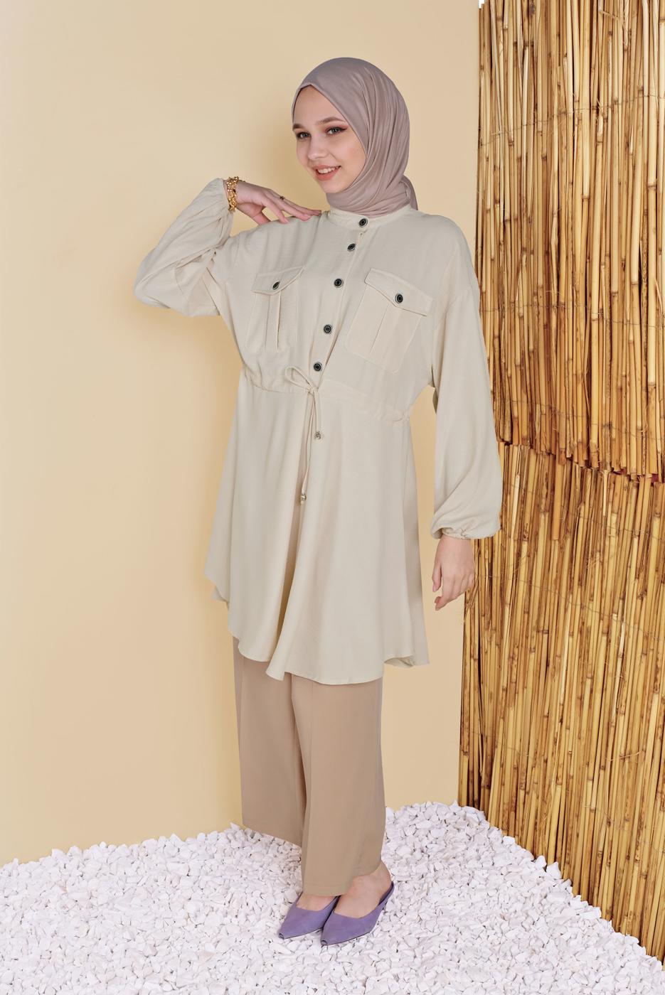 Hijab clothing BEIGE TIE DETAIL TUNIC WITH POCKET 9181 