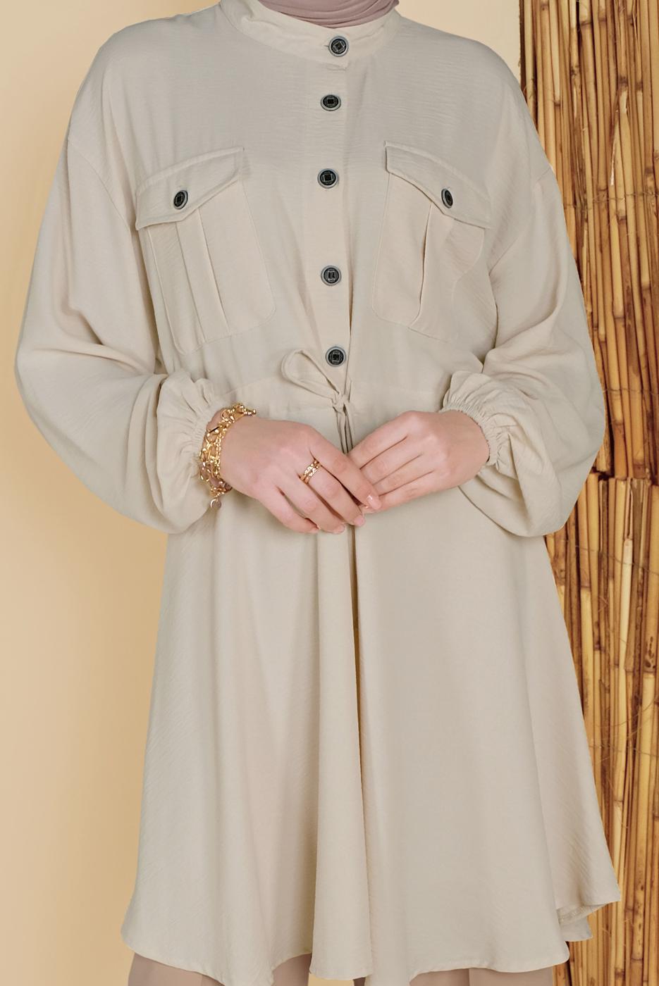 Hijab clothing BEIGE TIE DETAIL TUNIC WITH POCKET 9181 