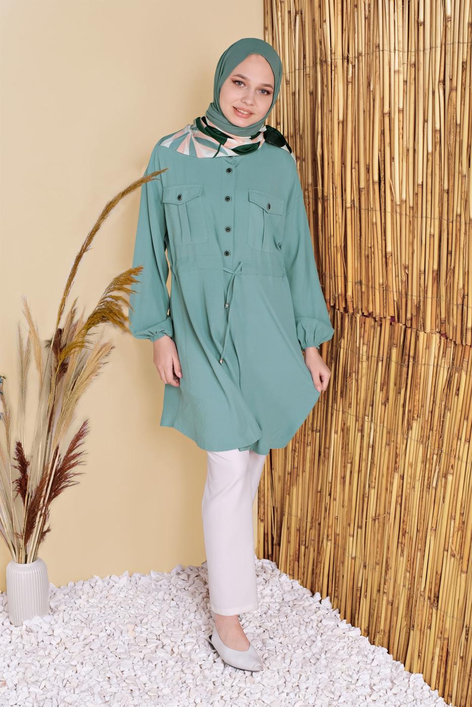 Hijab clothing GREEN TIE DETAIL TUNIC WITH POCKET 9181 