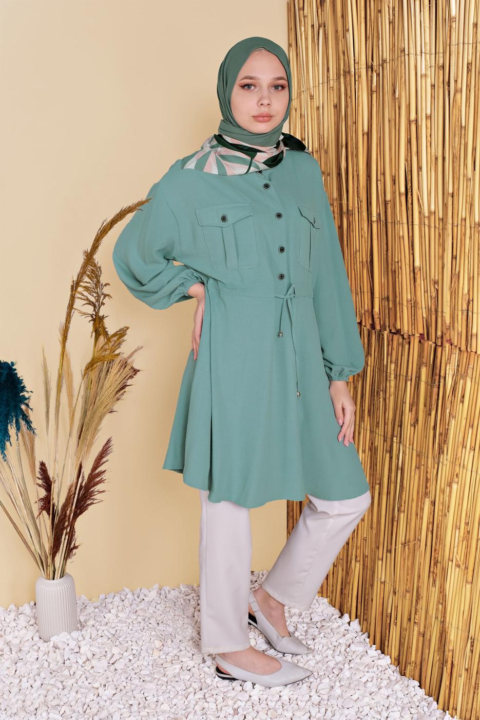 Hijab clothing GREEN TIE DETAIL TUNIC WITH POCKET 9181 