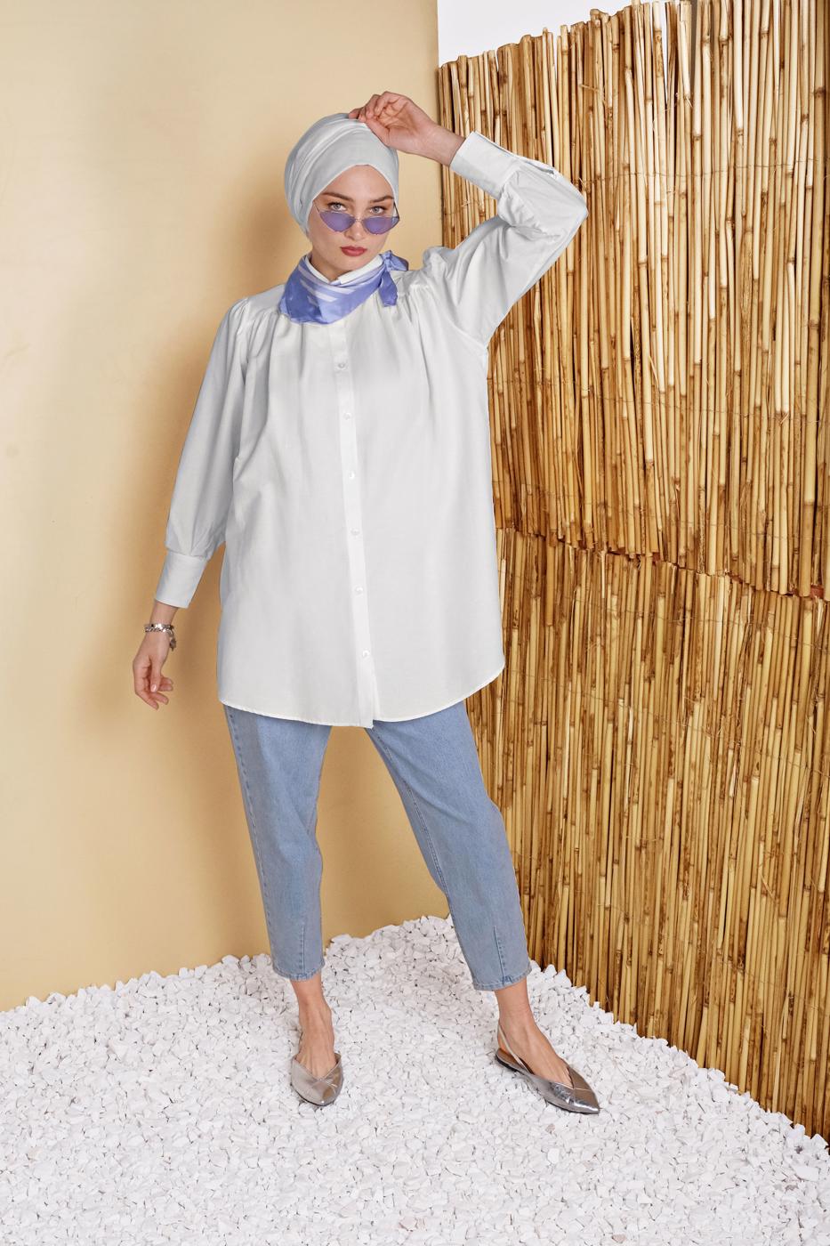Tesettür giyim BEYAZ ERKEK YAKA DÜĞMELİ TUNİK 9503