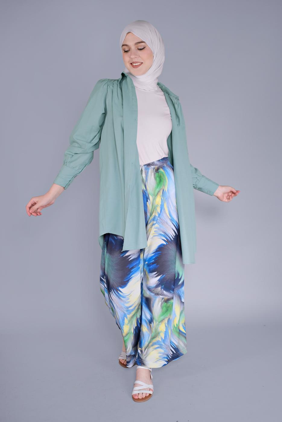 Hijab clothing GREEN MEN′S COLLAR BUTTON TUNIC 9503 