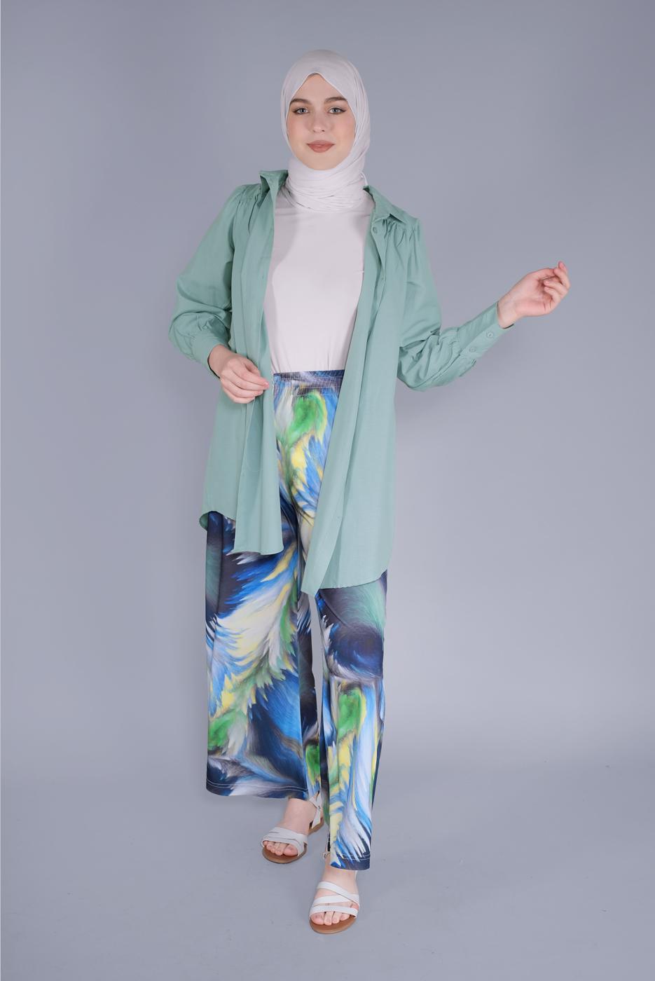 Hijab clothing GREEN MEN′S COLLAR BUTTON TUNIC 9503 