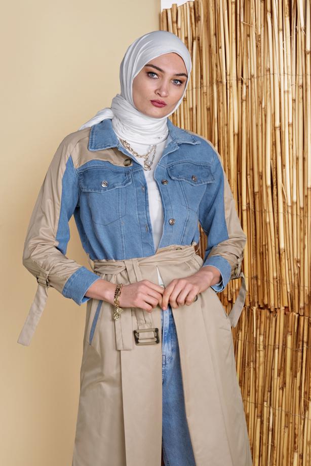 Hijab-Kleidung  DENİM DETAYLI KEMERLİ TRENÇKOT 131 - TRENDTESETTÜR