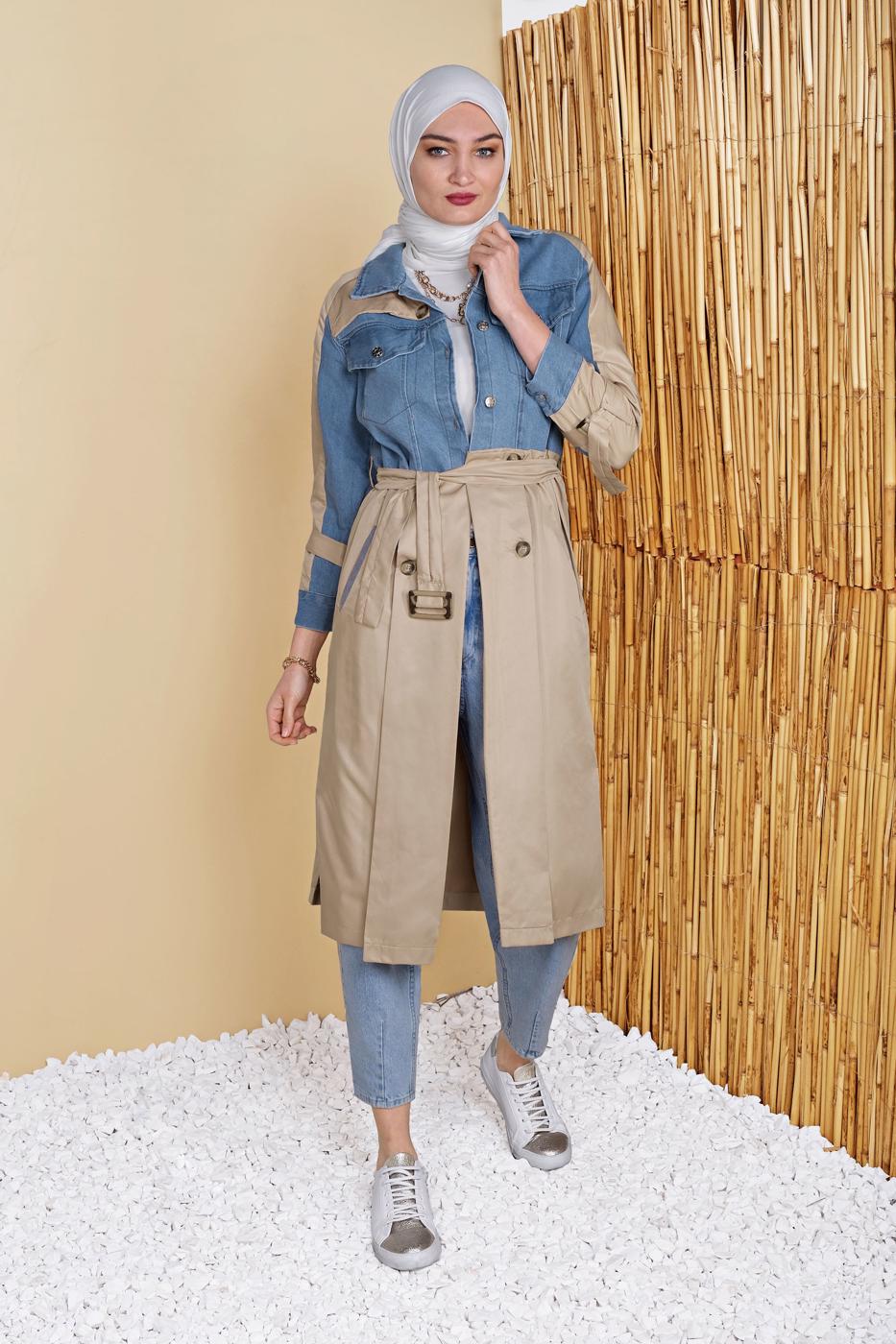 Hijab clothing BROWN DENIM DETAIL BELTED TRENCH COAT 131 