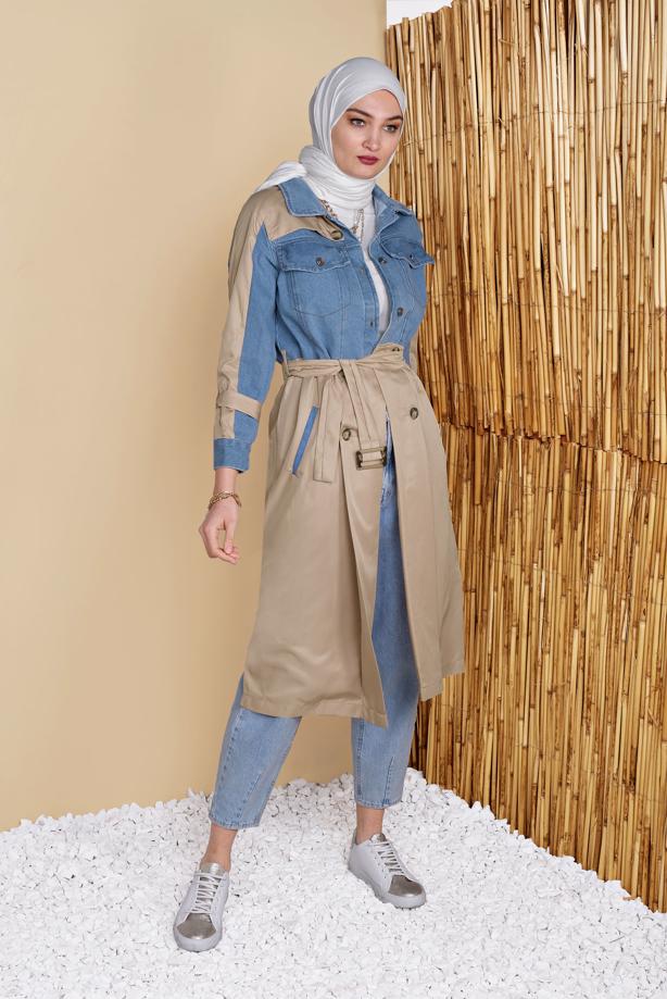 Hijab-Kleidung  DENİM DETAYLI KEMERLİ TRENÇKOT 131 - TRENDTESETTÜR