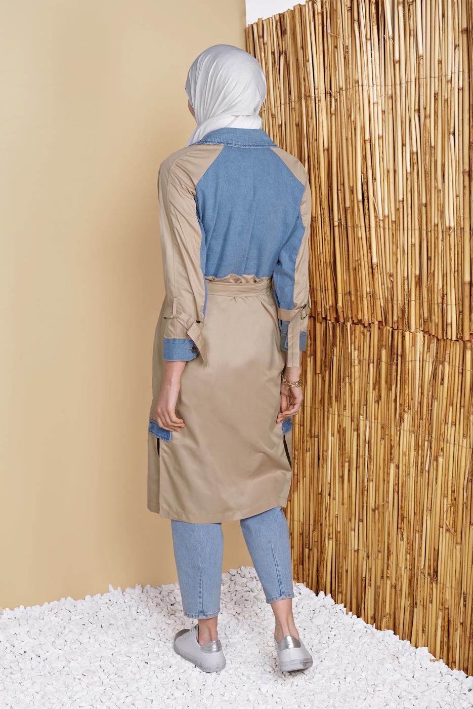 Hijab clothing BROWN DENIM DETAIL BELTED TRENCH COAT 131 