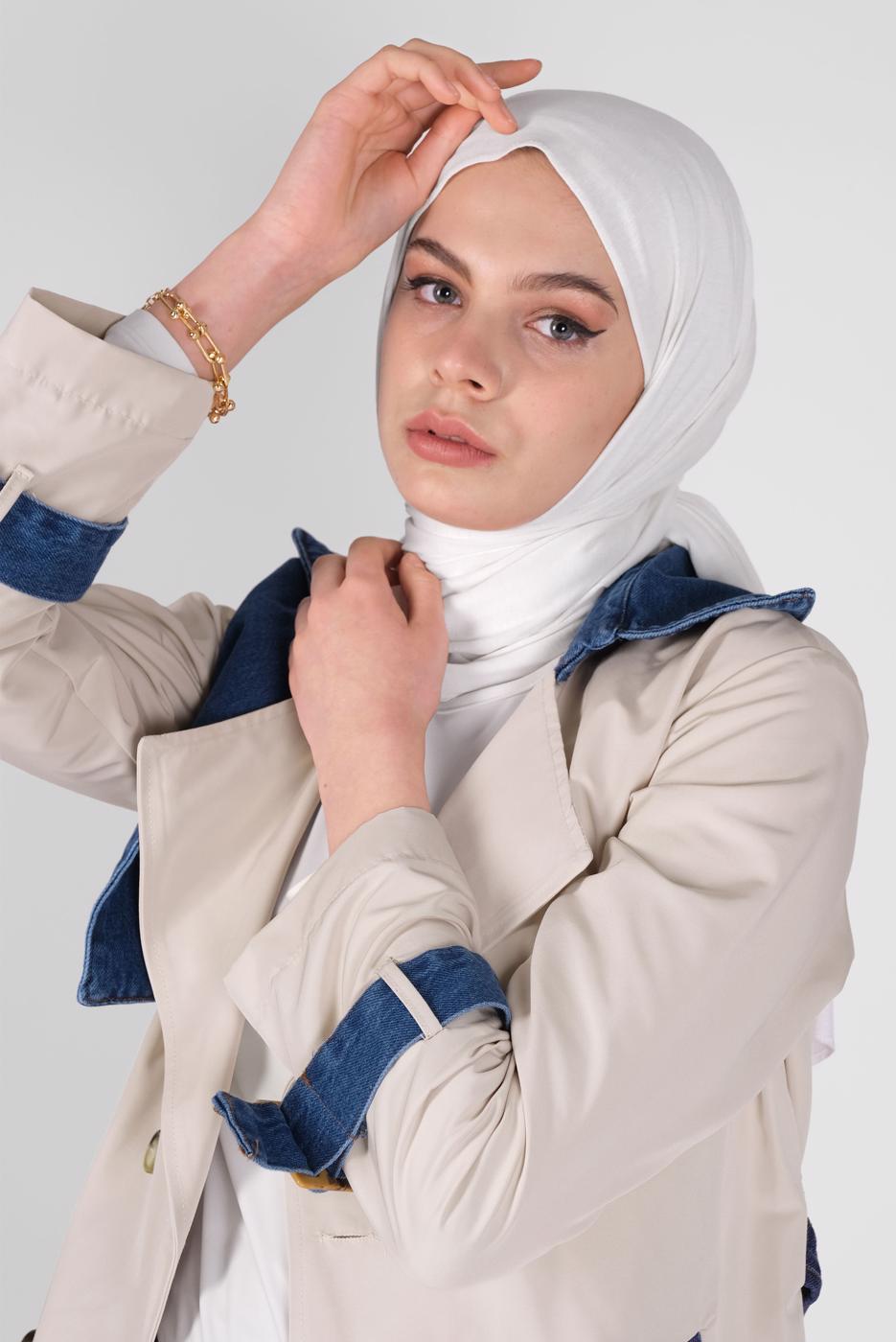 Tesettür giyim BEJ DENİM DETAYLI KRUVAZE YAKA TRENÇKOT 491