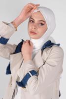 Tesettür giyim BEJ DENİM DETAYLI KRUVAZE YAKA TRENÇKOT 491