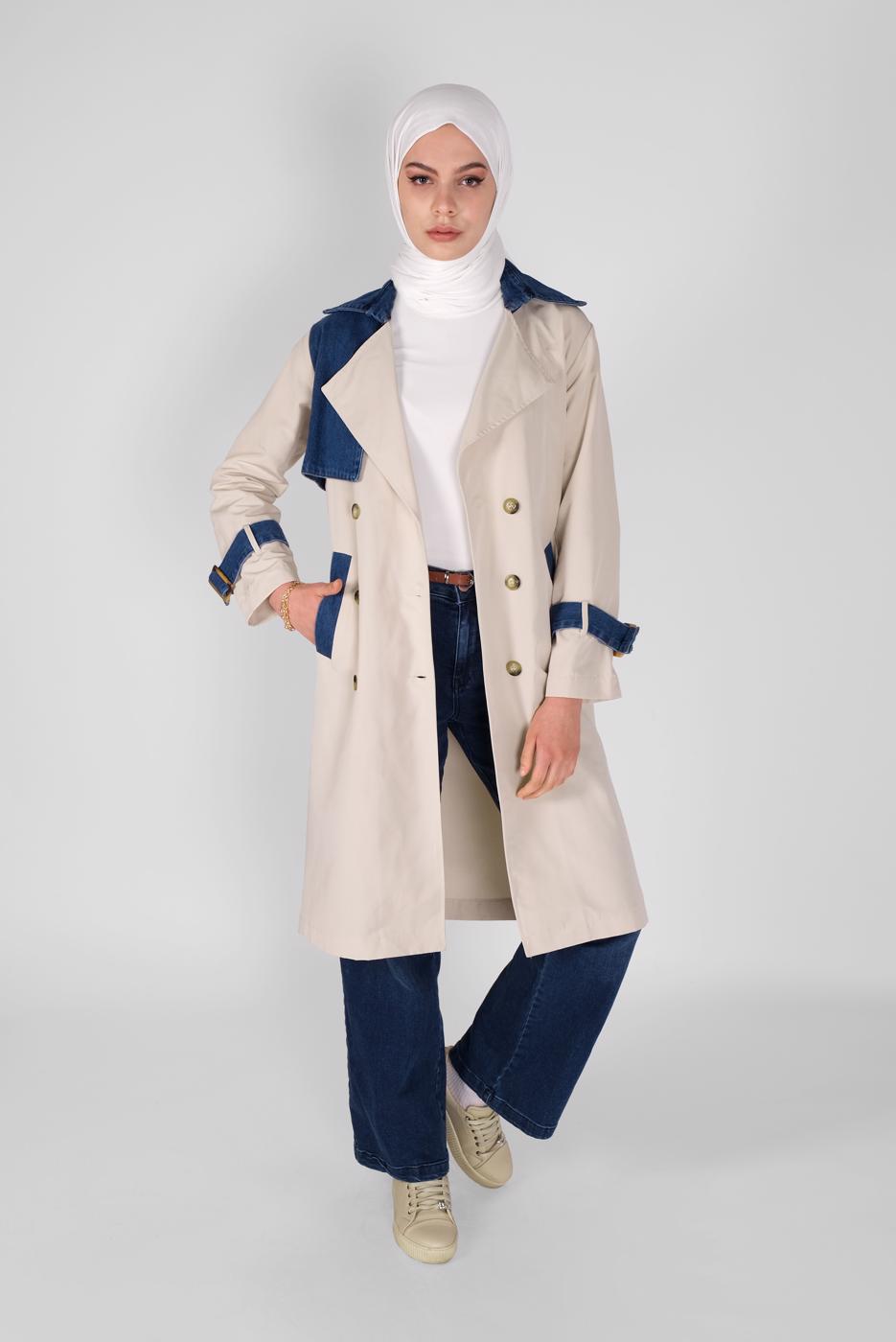 Tesettür giyim BEJ DENİM DETAYLI KRUVAZE YAKA TRENÇKOT 491