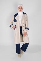 Tesettür giyim BEJ DENİM DETAYLI KRUVAZE YAKA TRENÇKOT 491