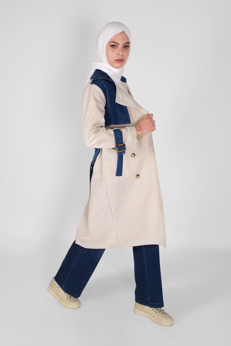 Tesettür giyim BEJ DENİM DETAYLI KRUVAZE YAKA TRENÇKOT 491