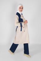 Tesettür giyim BEJ DENİM DETAYLI KRUVAZE YAKA TRENÇKOT 491
