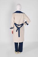 Tesettür giyim BEJ DENİM DETAYLI KRUVAZE YAKA TRENÇKOT 491