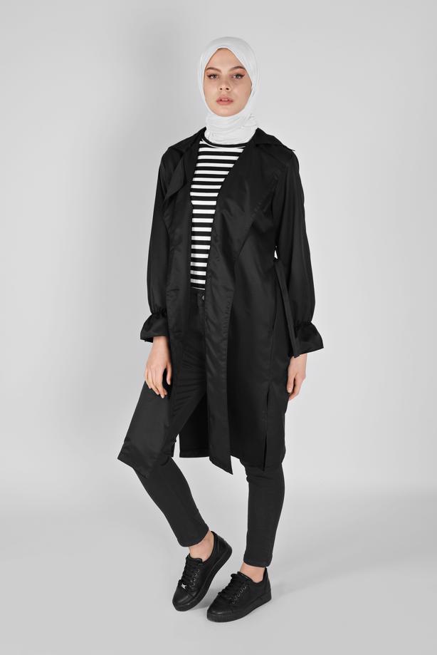 Vêtements hijab NOIR ROBE CEINTURÉE AVEC POIGNETS ÉLASTIQUES 531 - TRENDTESETTÜR