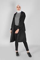 Tesettür giyim SİYAH MANŞETLERİ LASTİKLİ BELİ KUŞAKLI TRENCH 531 