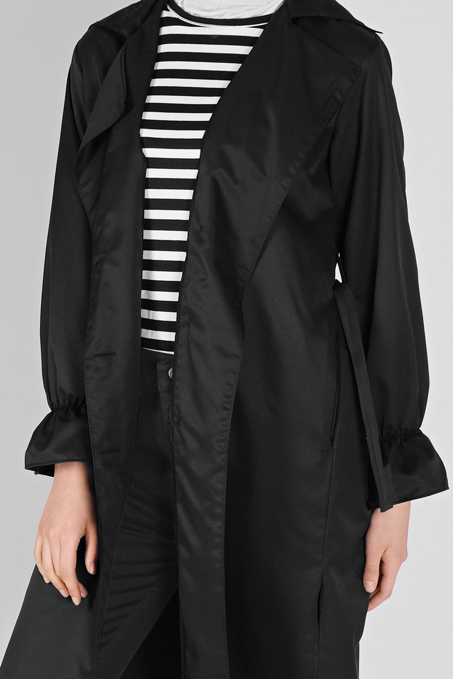 Tesettür giyim SİYAH MANŞETLERİ LASTİKLİ BELİ KUŞAKLI TRENCH 531 
