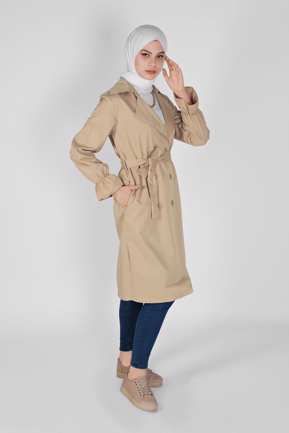 Tesettür giyim KAHVE MANŞETLERİ LASTİKLİ BELİ KUŞAKLI TRENCH 531 