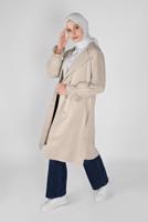 Tesettür giyim BEJ MANŞETLERİ LASTİKLİ BELİ KUŞAKLI TRENCH 531 