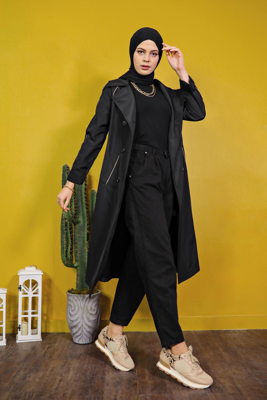 Vêtements hijab NOIR TRENCH COL LARGE CEINTURÉ 551