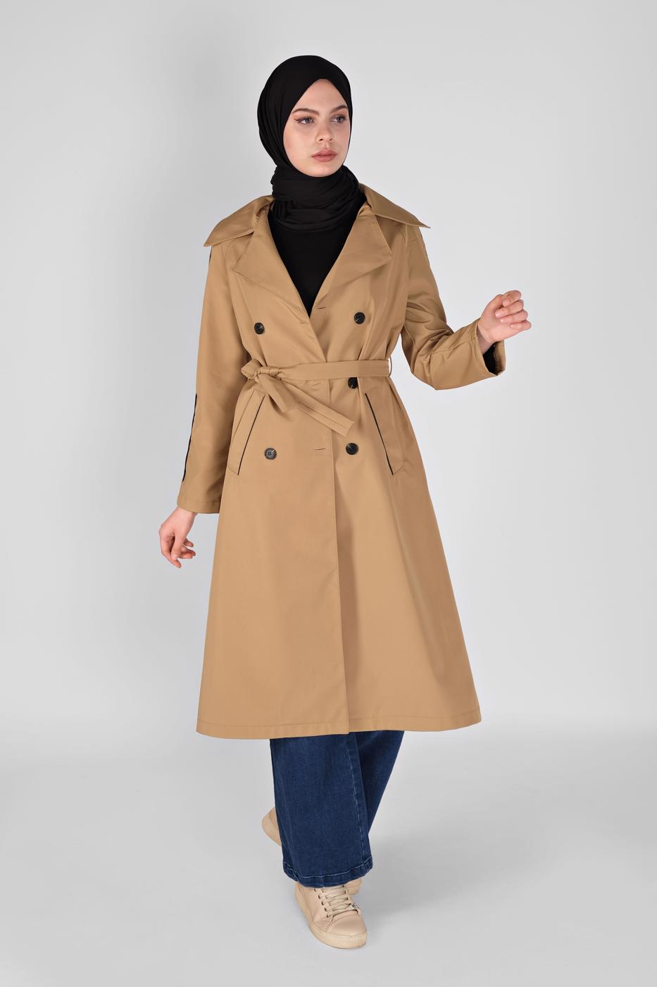 Hijab clothing BROWN WIDE COLLAR BELTED TRENCH COAT 551 