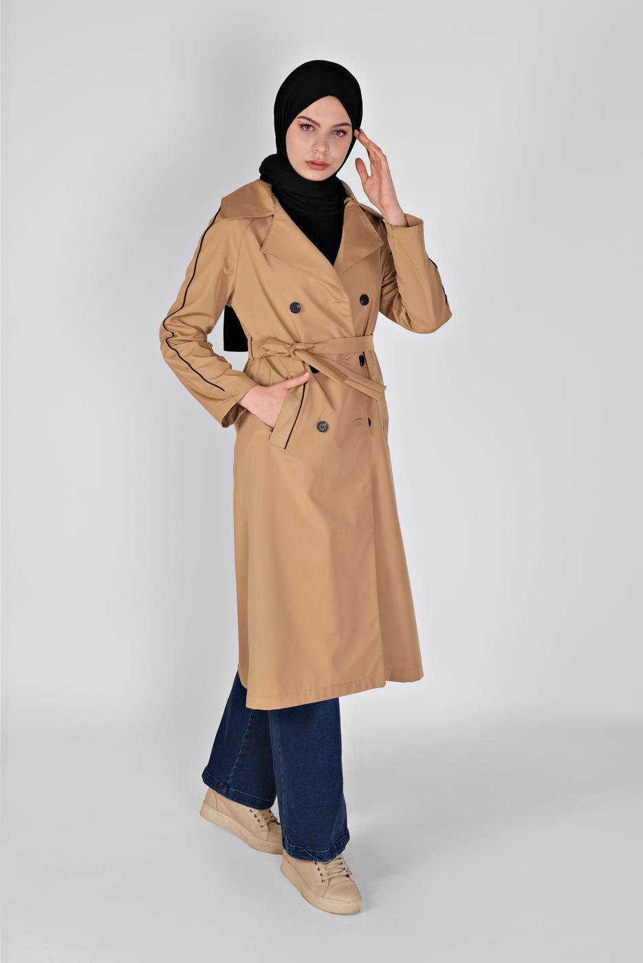 Hijab clothing BROWN WIDE COLLAR BELTED TRENCH COAT 551 