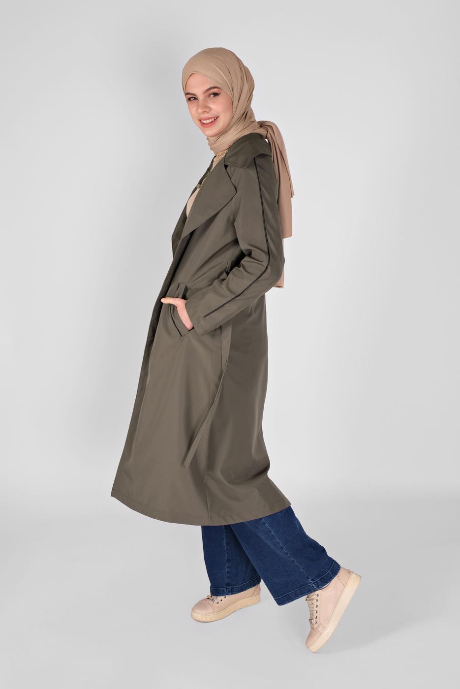 Hijab clothing KHAKI WIDE COLLAR BELTED TRENCH COAT 551 