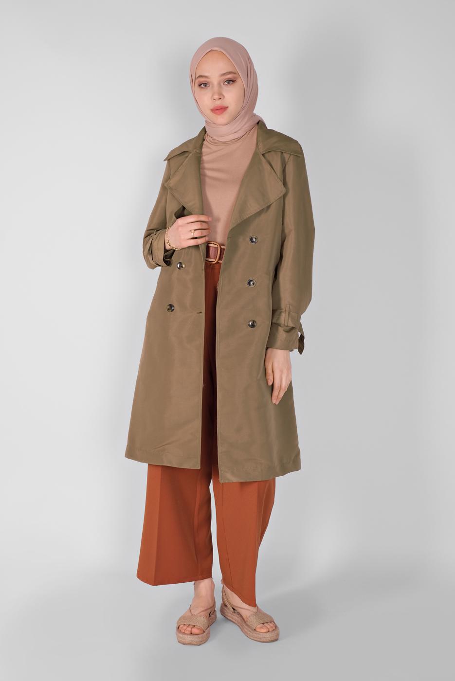 Tesettür giyim KAHVE MANŞETLERİ KEMERLİ TRENÇKOT 591