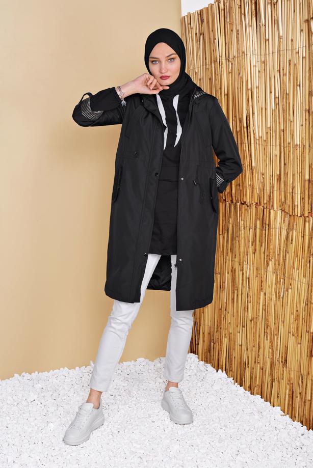Tesettür giyim  BEL KISMI BÜZGÜLÜ KAPÜŞONLU TRENÇKOT 651 - TRENDTESETTÜR