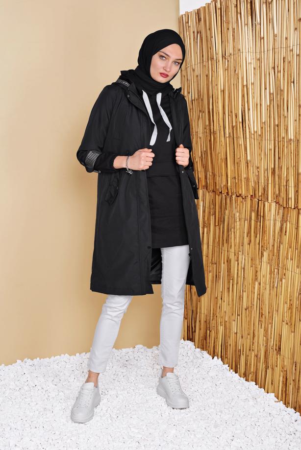 Tesettür giyim  BEL KISMI BÜZGÜLÜ KAPÜŞONLU TRENÇKOT 651 - TRENDTESETTÜR