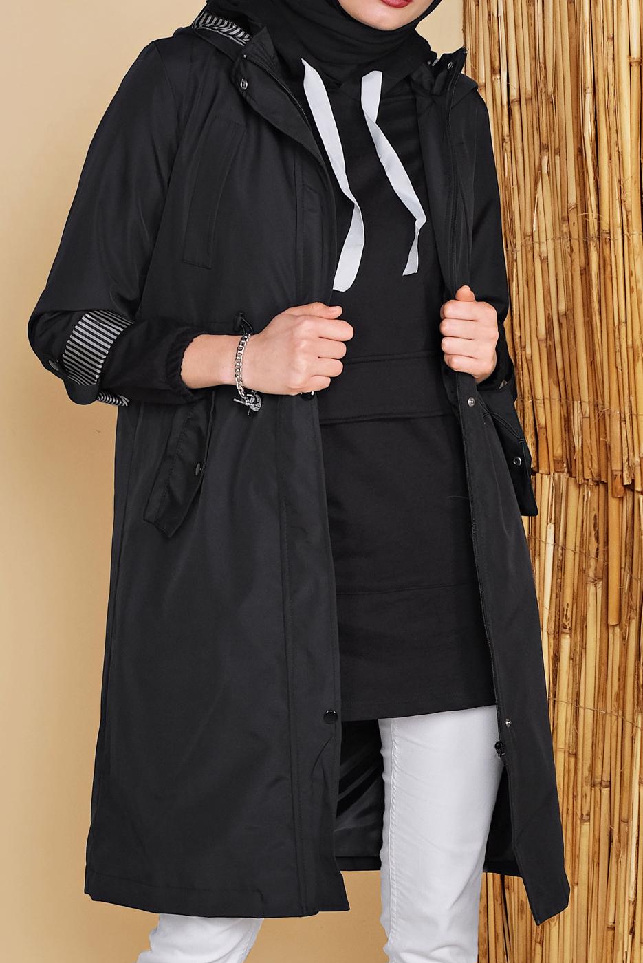Hijab clothing BLACK GATHERED AT THE WAIST HOODED TRENCH COAT 651