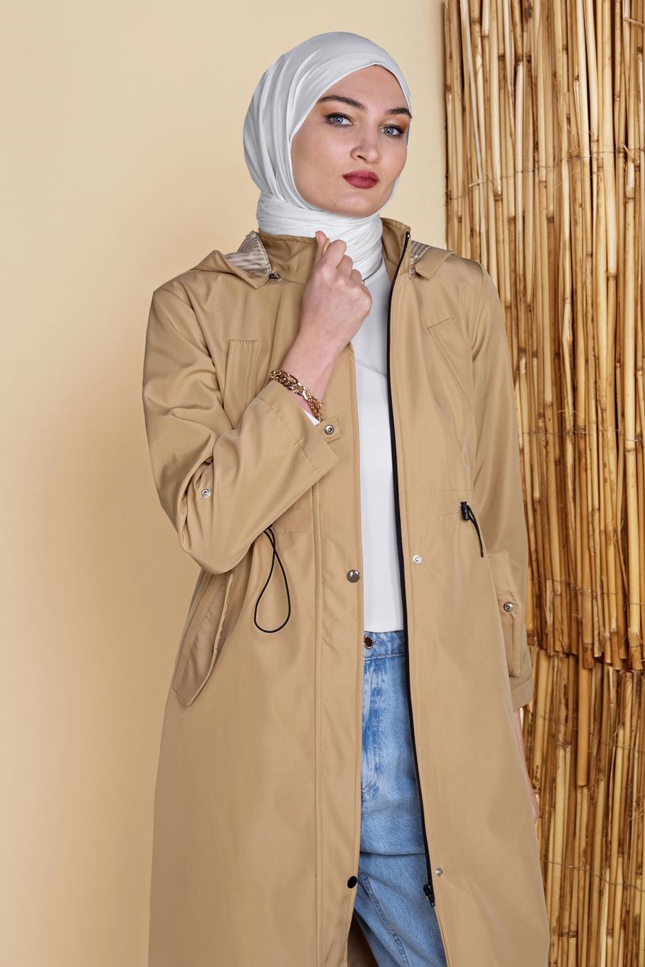 Hijab clothing BROWN GATHERED AT THE WAIST HOODED TRENCH COAT 651 