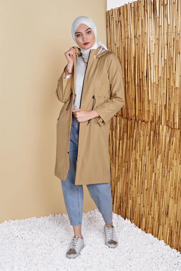 Hijab clothing  GATHERED AT THE WAIST HOODED TRENCH COAT 651  - TRENDTESETTÜR