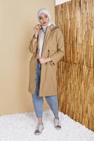 Tesettür giyim KAHVE BEL KISMI BÜZGÜLÜ KAPÜŞONLU TRENÇKOT 651