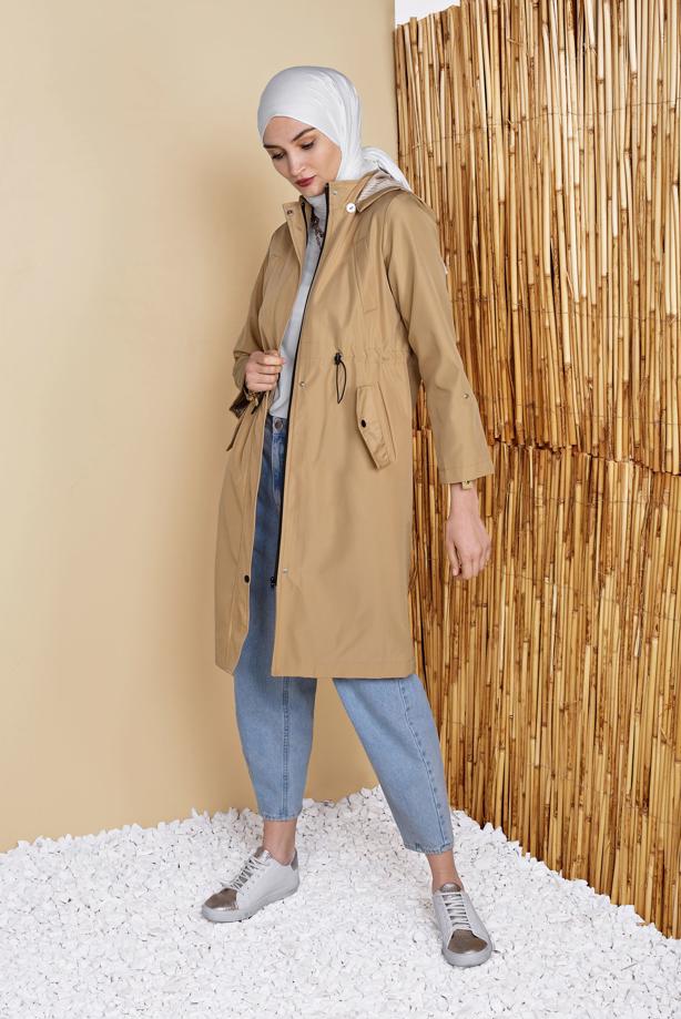 Hijab clothing  GATHERED AT THE WAIST HOODED TRENCH COAT 651  - TRENDTESETTÜR