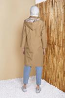 Tesettür giyim KAHVE BEL KISMI BÜZGÜLÜ KAPÜŞONLU TRENÇKOT 651