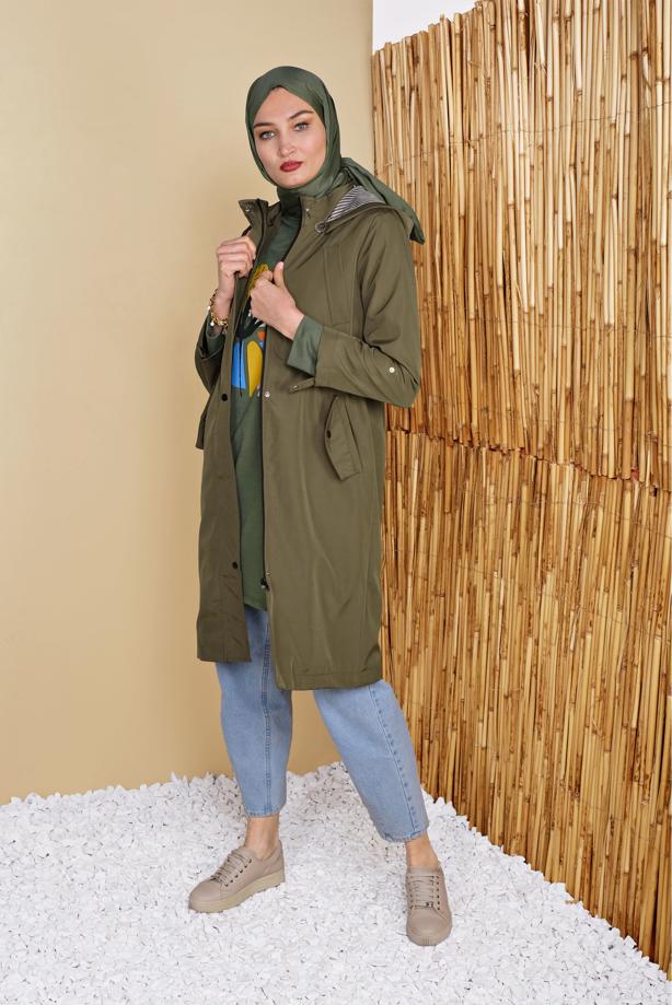 Hijab clothing  GATHERED AT THE WAIST HOODED TRENCH COAT 651  - TRENDTESETTÜR