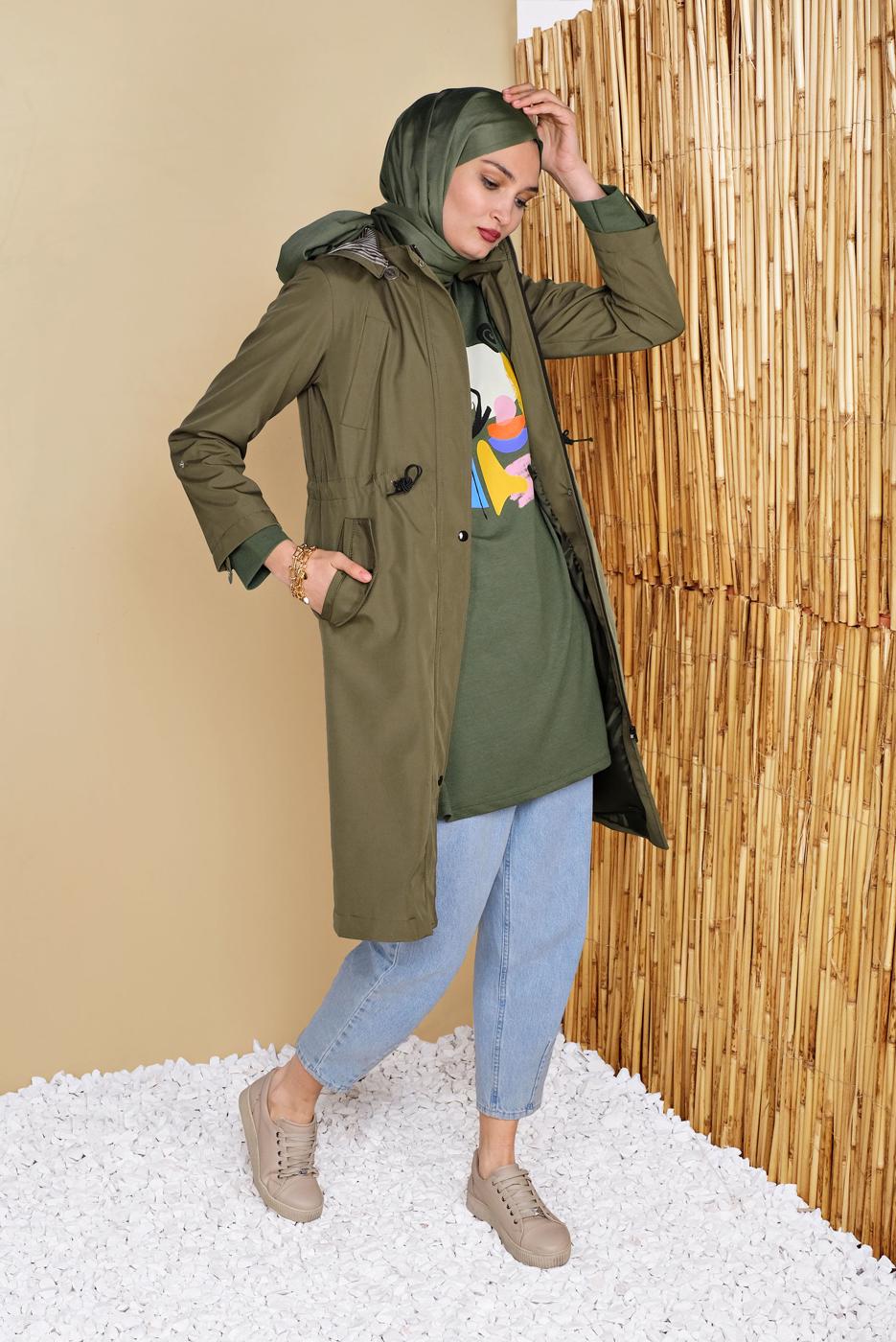 Hijab clothing KHAKI GATHERED AT THE WAIST HOODED TRENCH COAT 651 