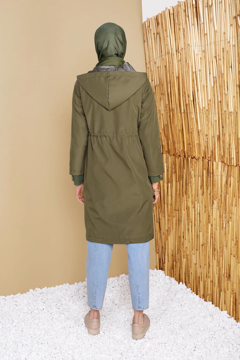 Hijab clothing KHAKI GATHERED AT THE WAIST HOODED TRENCH COAT 651 