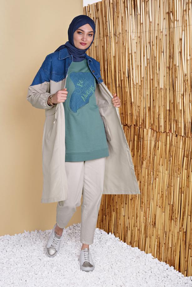 Hijab-Kleidung  DENİM DETAYLI BÜZGÜ BAĞCIKLI TRENÇKOT 671 - TRENDTESETTÜR