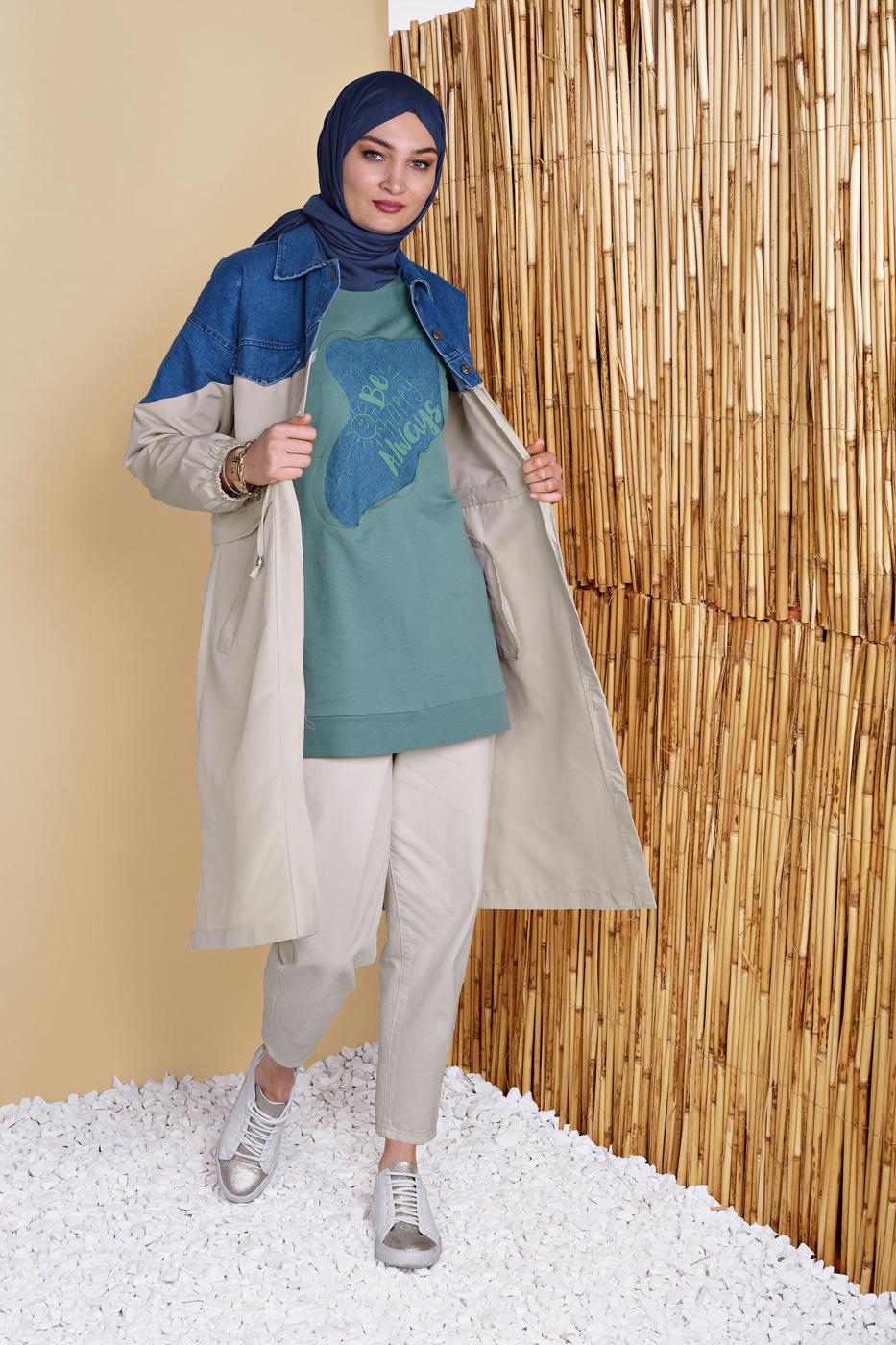 Tesettür giyim BEJ DENİM DETAYLI BÜZGÜ BAĞCIKLI TRENÇKOT 671