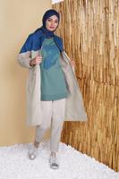 Tesettür giyim BEJ DENİM DETAYLI BÜZGÜ BAĞCIKLI TRENÇKOT 671