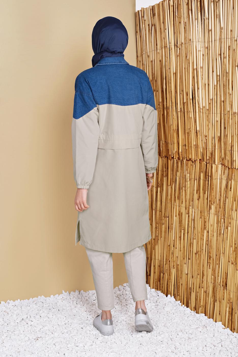 Tesettür giyim BEJ DENİM DETAYLI BÜZGÜ BAĞCIKLI TRENÇKOT 671