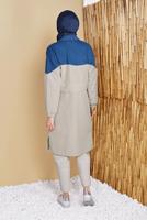 Tesettür giyim BEJ DENİM DETAYLI BÜZGÜ BAĞCIKLI TRENÇKOT 671