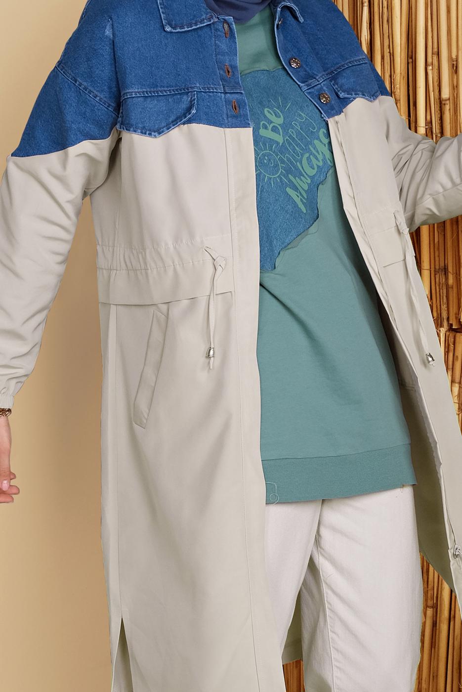 Tesettür giyim BEJ DENİM DETAYLI BÜZGÜ BAĞCIKLI TRENÇKOT 671