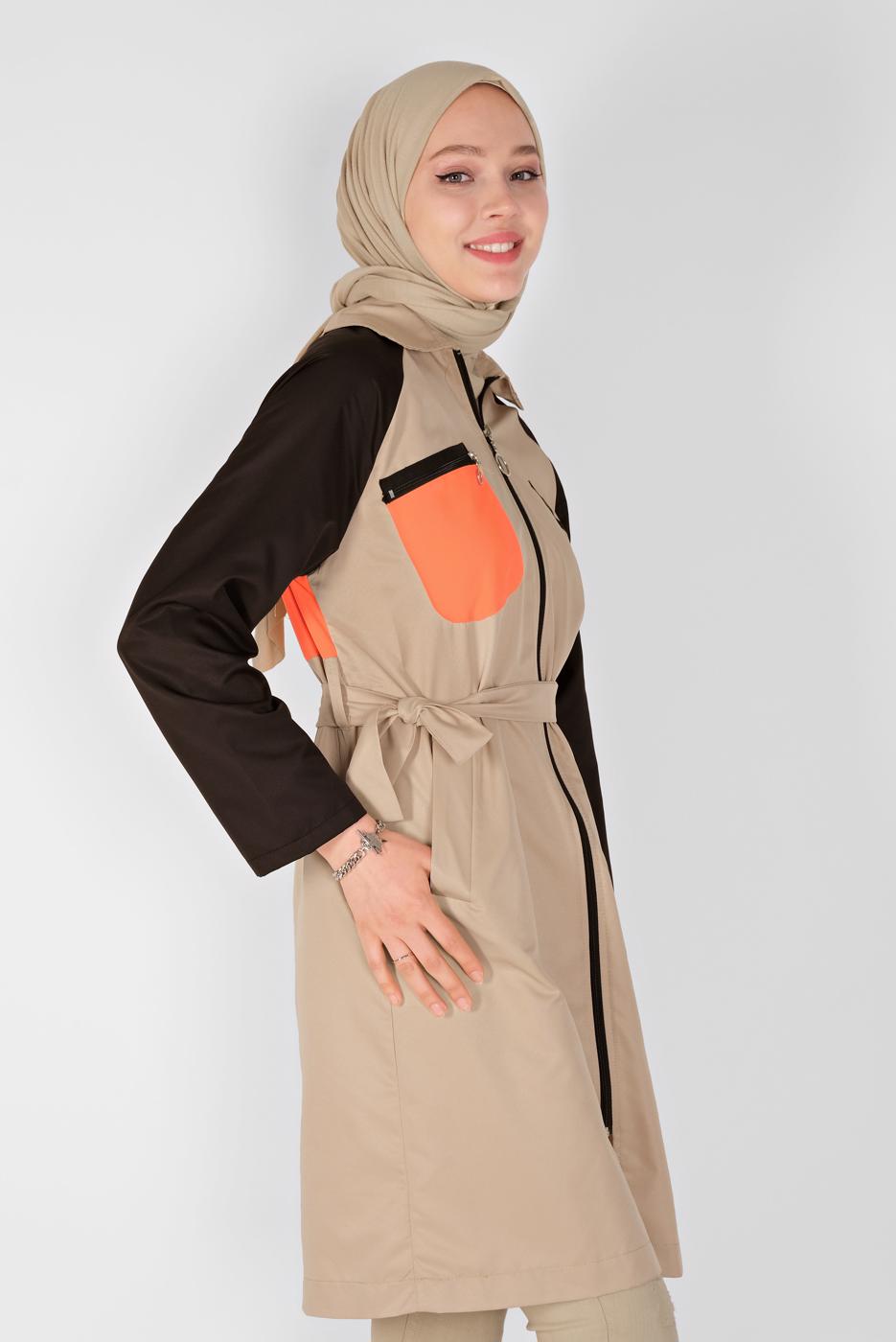 Tesettür giyim KAHVE KUŞAKLI FERMUARLI TRENÇKOT 991 